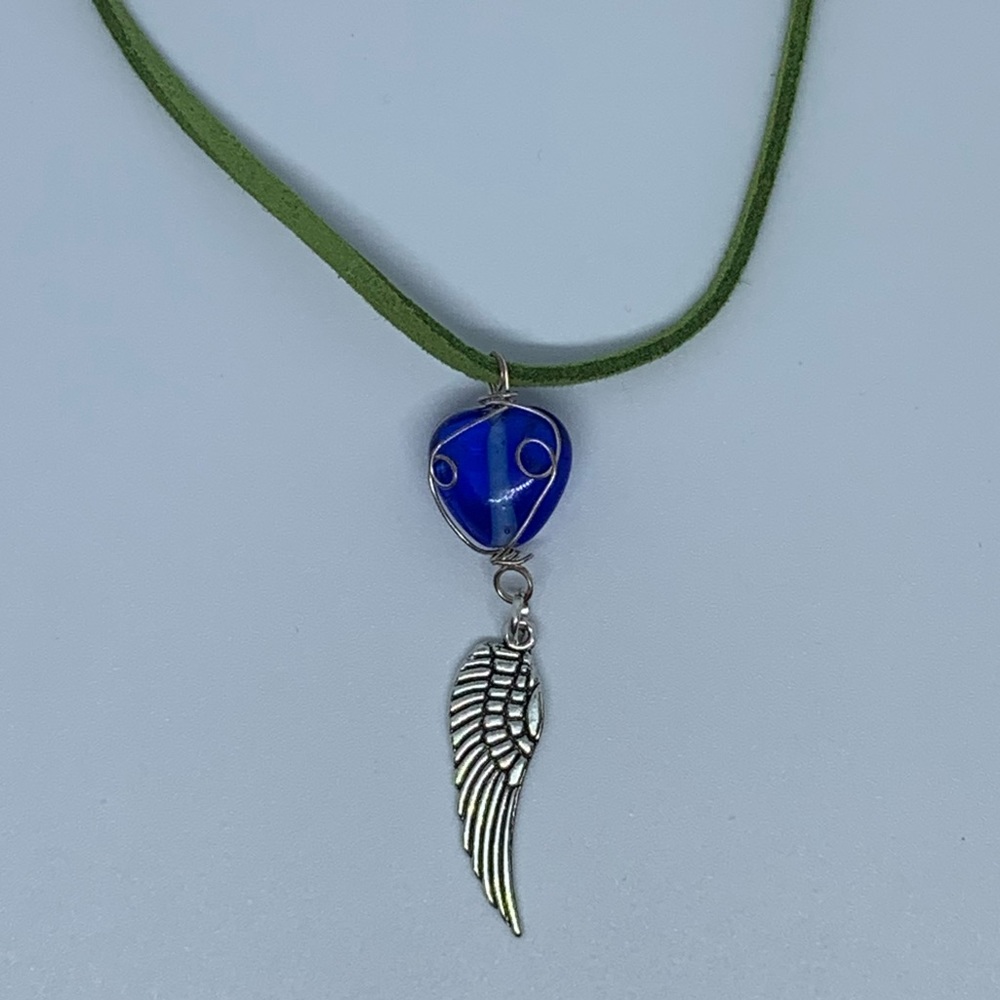 Angel Wing Wire Wrapped Blue Bead Fairy Necklace